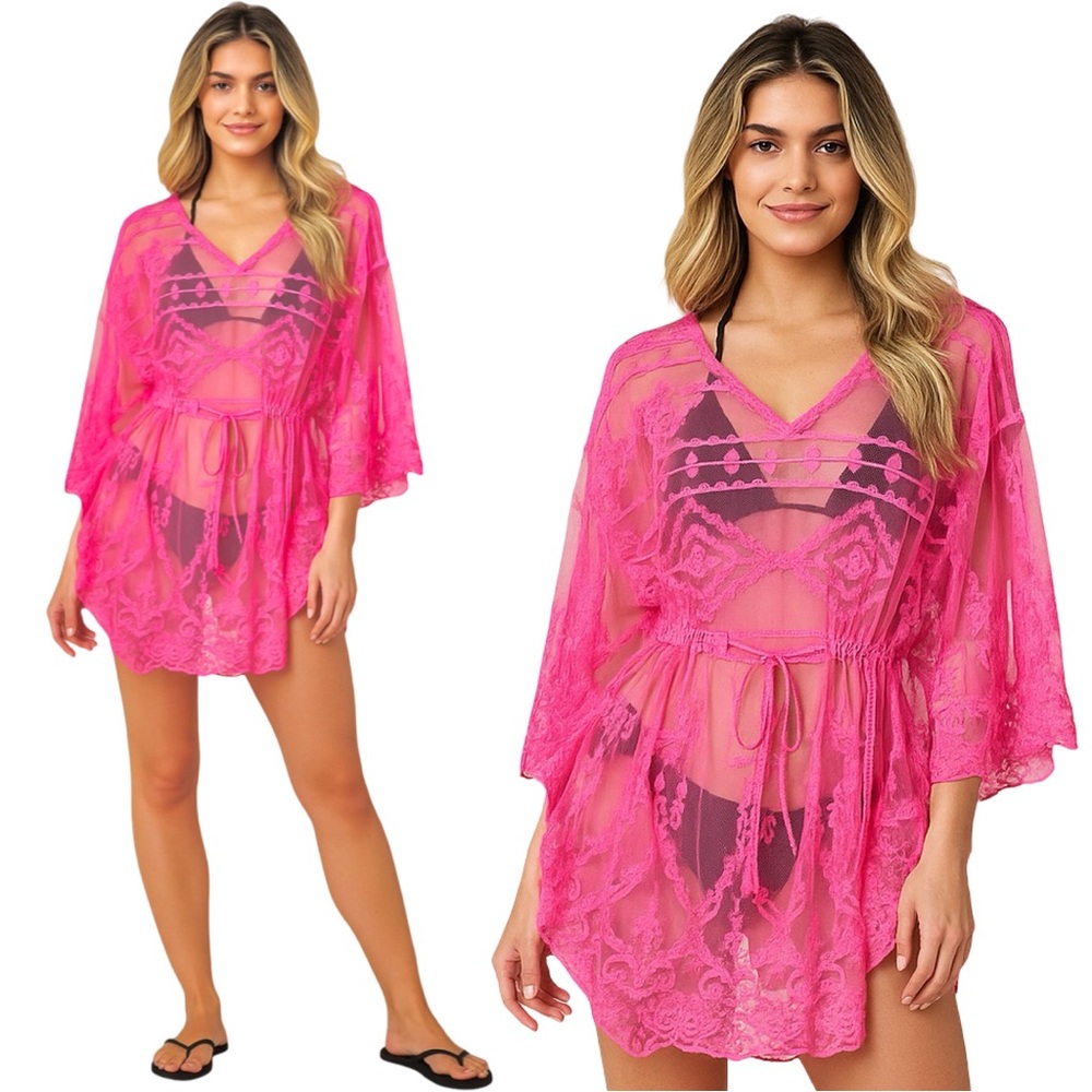 Vince Camuto Hot Pink Boho Embroidered Swim Coverup Vacation Beach Pool - Picture 2 of 15